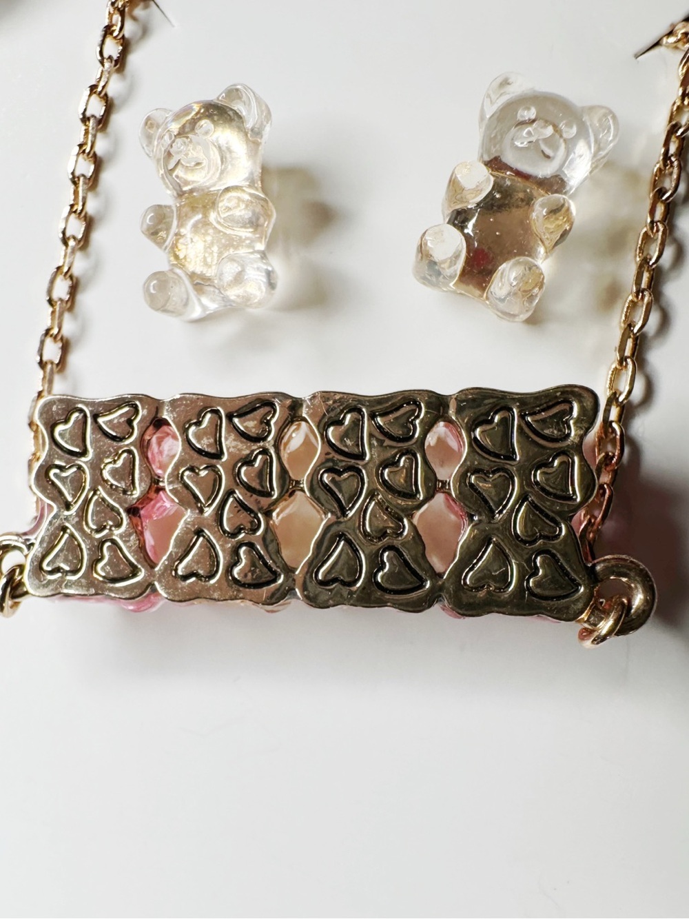 Betsey Johnson Pink and Gold Gummy Bear Necklace with Stud Earrings - Picture 3 of 4